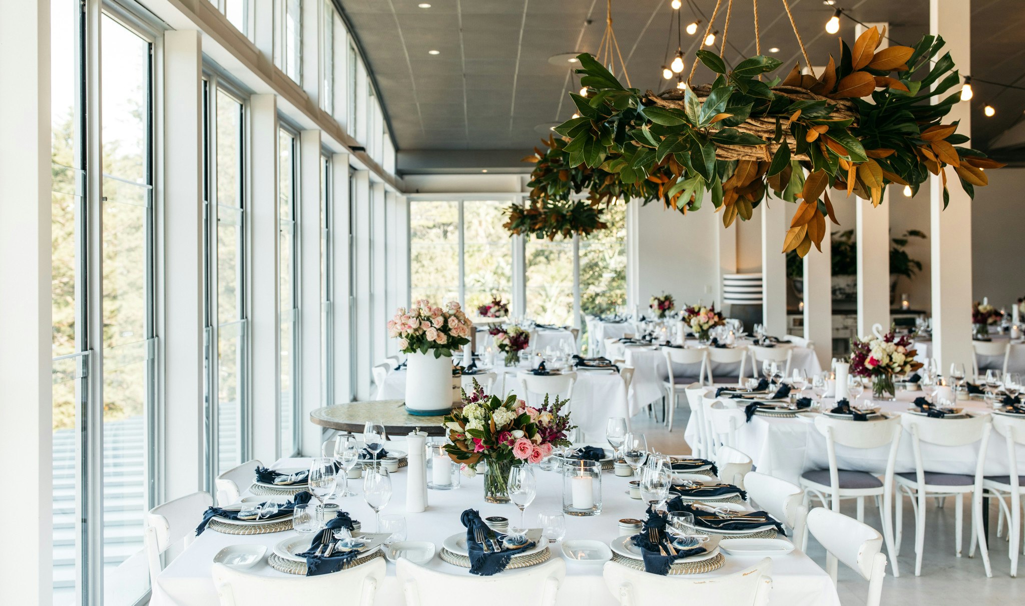 Tables setup and styled for a wedding reception.